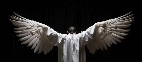 Man in angel costume with raised hands, viewed from behind, isolated on black background, symbolizing prayer. Evokes feelings of invocation and supplication. with copyspace image