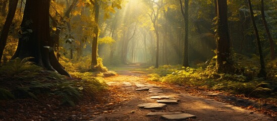 Obraz premium Blurry green leaves with light bokeh create an abstract and beautiful backdrop with copy space image.