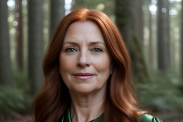 Obraz premium Red-Haired Elderly Woman with Green Eyes Posing Elegantly in a Forest, Portrait of an Elderly Woman in a Green Dress with Red Hair and Green Eyes