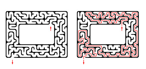 Obraz premium Vector funny weird maze with entry and exit. Find the way through labyrinth puzzle. Medium level difficulty riddle for childrens and adults with solution - red passing route