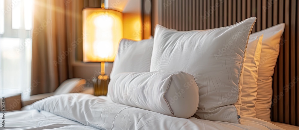Poster beautiful luxury comfortable white pillow on bed with light lamp decoration in bedroom interior. wit