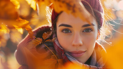 A woman with a red hat and scarf is standing in front of a tree with leaves
