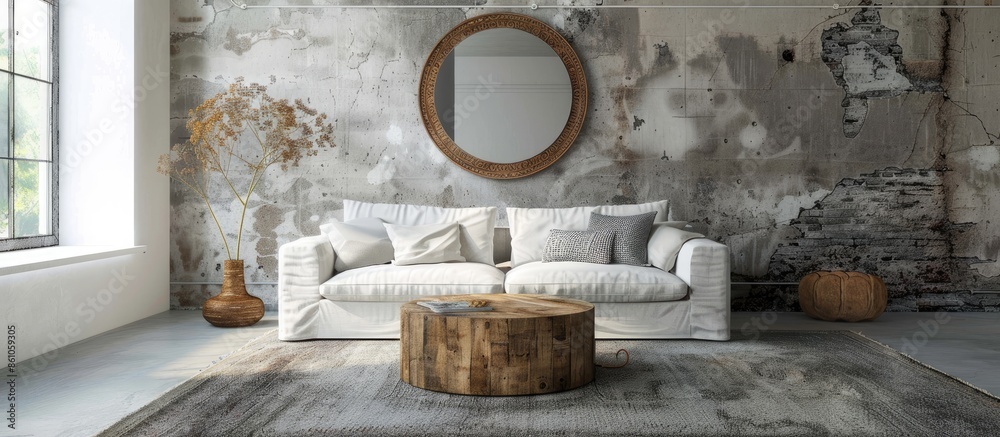 Poster industrial table and grey rug near white sofa in living room with mirror against concrete wall. with