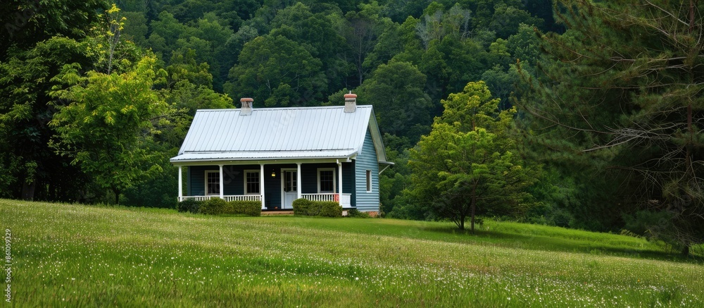 Poster Modern cottage on a background of green grass. with copy space image. Place for adding text or design