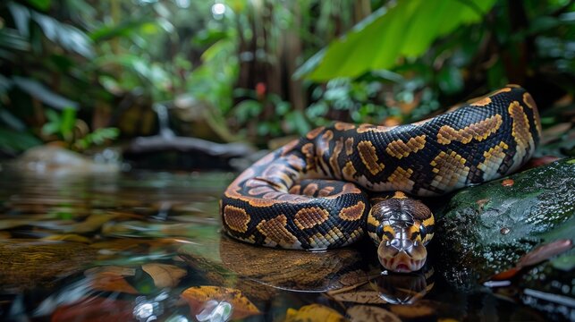 A python coiled in a river