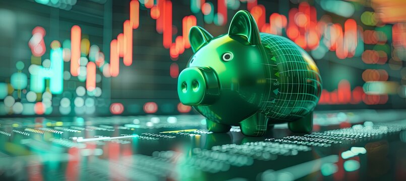 A piggy bank featuring candlestick charts or diagrams from the stock exchange, illustrating financial and ETF strategies aimed at saving and earning money for retirement, presented in a banner format