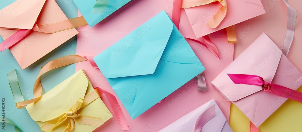 Aufkleber The envelopes with colorful ribbons.For the meaning of your message or web design and design background. pastel background. with copy space image. Place for adding text or design