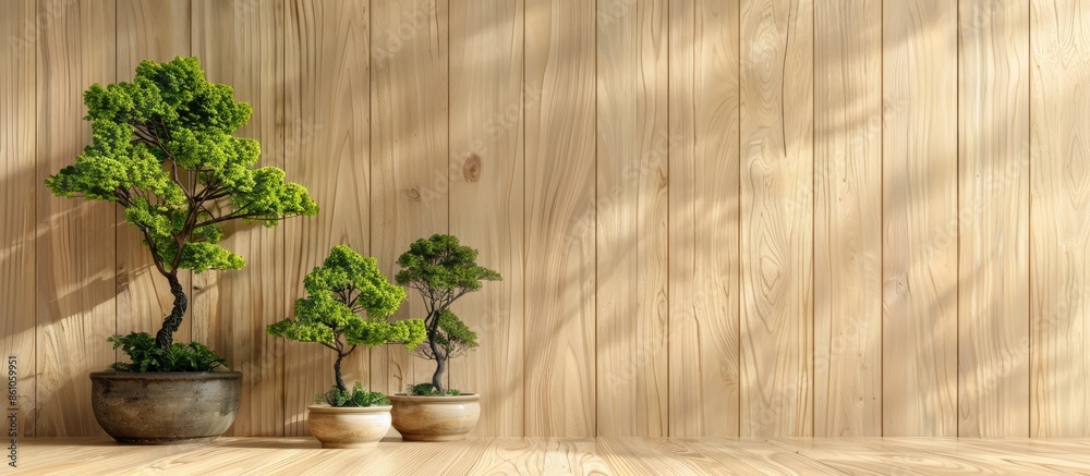 Fototapete trees in pots have a light brown background and are placed on a woody background,interior decoration