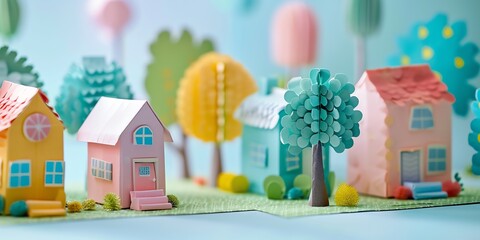 paper origami mini town tree,architecture, scandinavian, landscape, light, mini city, mini cute forest, green land, 2:1