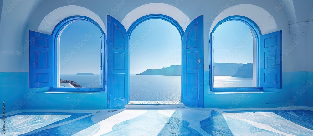 Poster Greek style windows   with curve road view. with copy space image. Place for adding text or design