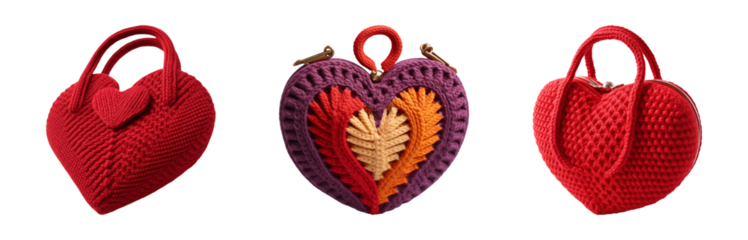 Knitted heart shape bag isolated on a transparent background. Handcrafted fashion accessory.