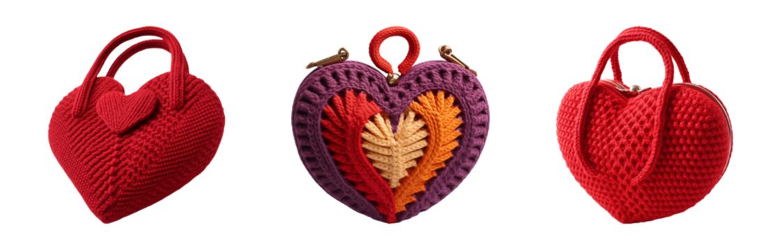 Knitted heart shape bag isolated on a transparent background. Handcrafted fashion accessory.