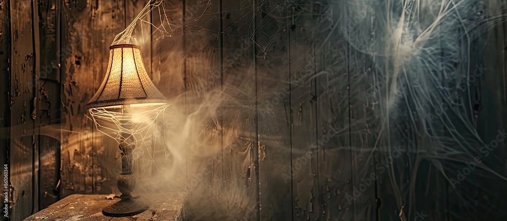 Poster dirt dust and cobwebs on the lighted lamp inside an old wooden house. with copy space image. place f