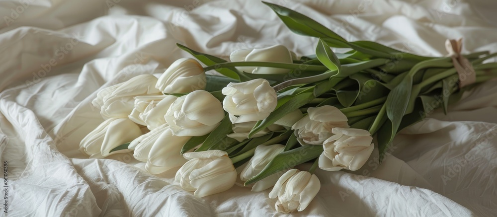 Poster a bouquet of white tulips lies on a white bed. a bouquet of tulips is packed in craft paper and lies