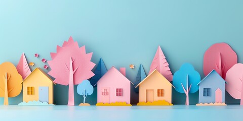 Obraz premium paper origami mini town tree,architecture, scandinavian, landscape, light, mini city, mini cute forest, green land, 2:1