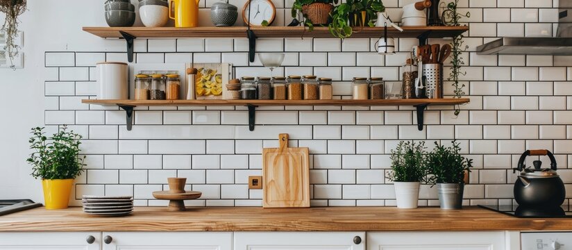 Counter with modern kitchenware and shelves with decorative elements placed at tiled wall in light stylish kitchen with white cabinets at home. with copy space image. Place for adding text or design
