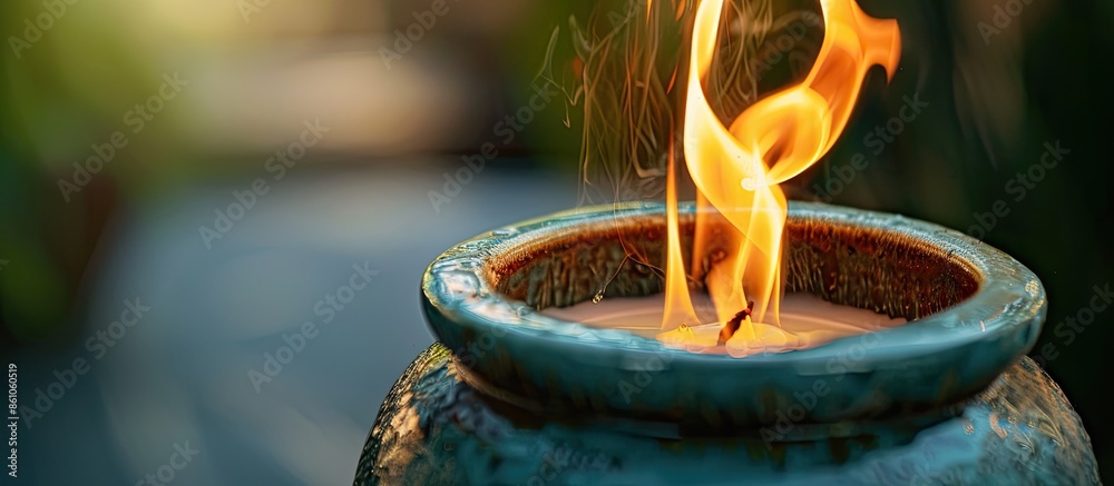 Poster close up shot of fire burning candle in ceramic pot. with copy space image. place for adding text or
