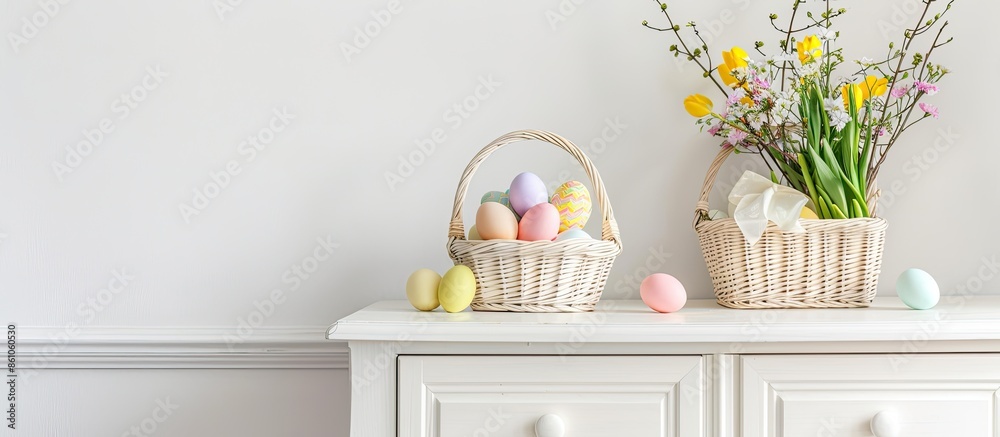 Poster chest of drawers with basket of easter eggs, flowers and decor near light wall in room. with copy sp