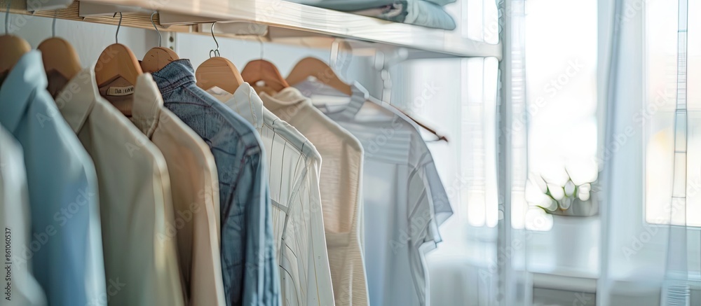 Poster clothes dryer attached to the ceiling with clothes hanging. High quality photo. with copy space image. Place for adding text or design