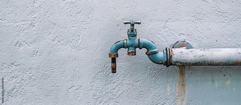 Poster Old retro faucet for the outside on a long pipe with a white facade in the background pastel background. with copy space image. Place for adding text or design