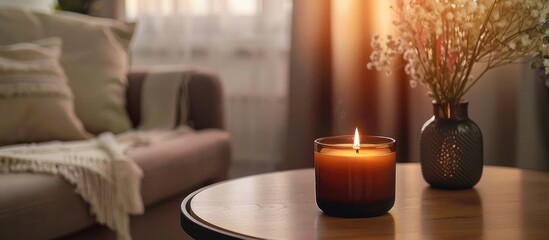 Burning scented candle on table at home. with copy space image. Place for adding text or design