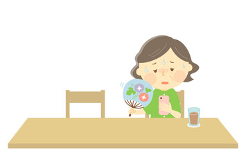 暑さで熱中症になりそうなおばあちゃんのベクターイラスト