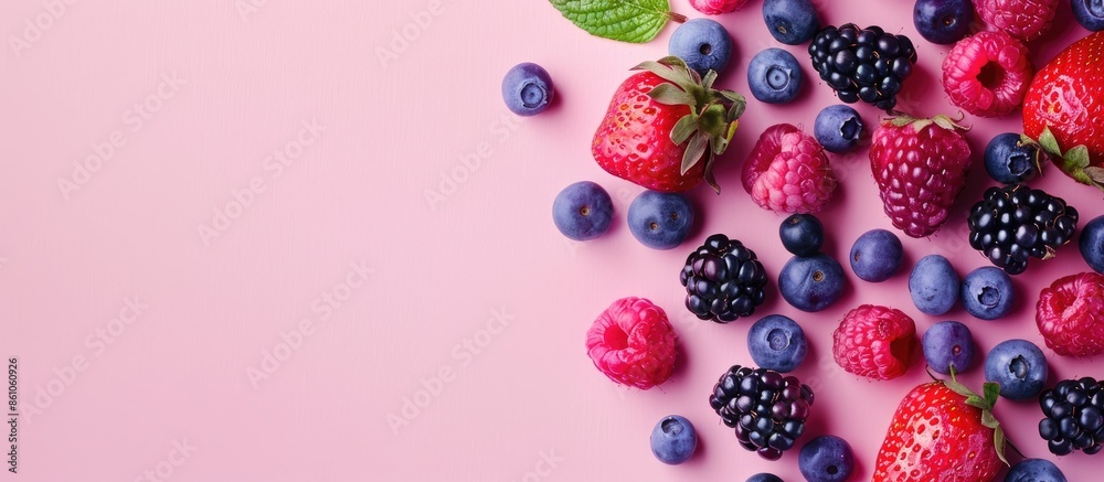 Leinwandbilder tasty and colorful berries in a pile pastel background. with copy space image. place for adding text