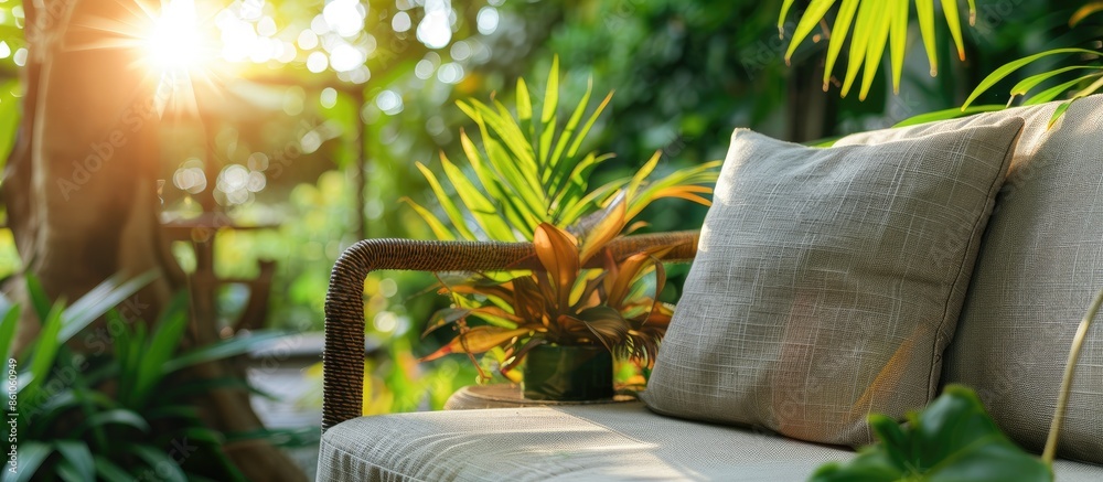 Poster comfortable pillow on sofa decoration outdoor patio with tropical and nature view. with copy space i