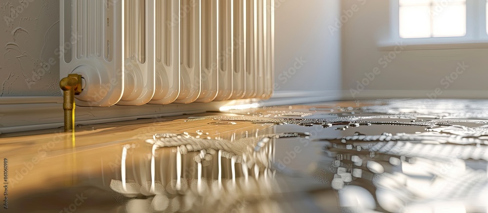 Poster water leak through the heating radiator. with copy space image. Place for adding text or design