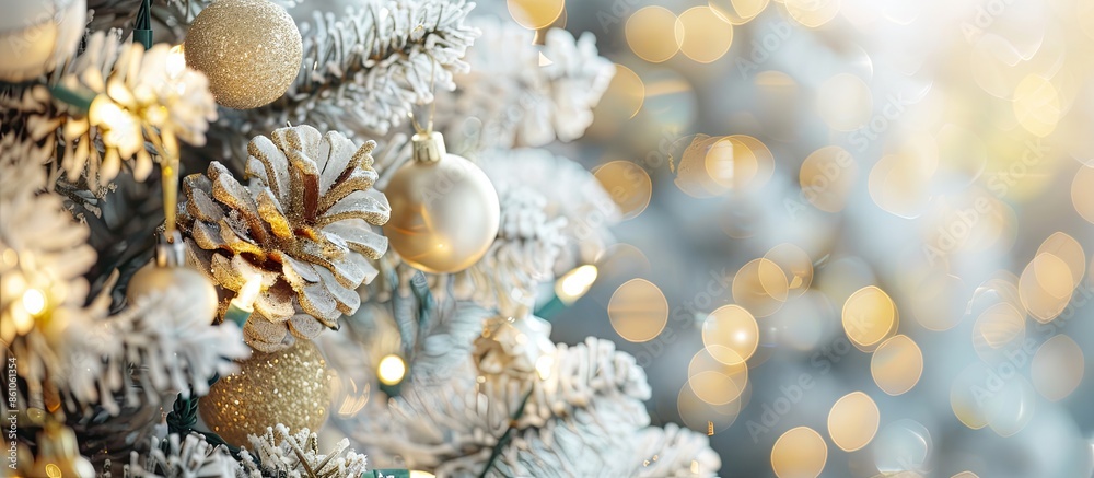 Poster christmas tree decorated with white and gold toys close up. with copy space image. place for adding 