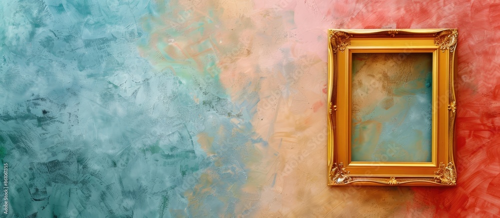 Poster golden frame on the wall colored of different color like a watercolor. with copy space image. Place for adding text or design