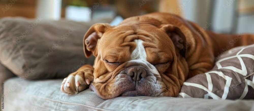 Poster a big dog sleep on small pillow in living room. with copy space image. place for adding text or desi