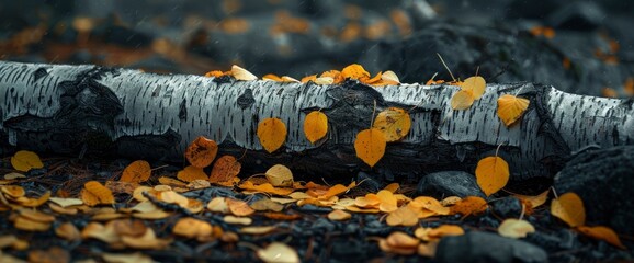 Obraz premium A Minimalistic Scene Of A Felled Birch Tree With Scattered Golden Leaves On Natural Ground