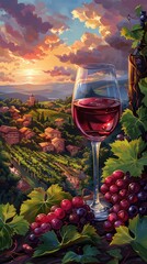 Fototapeta premium Elegant vector depiction of a glass of red wine with a vineyard background.