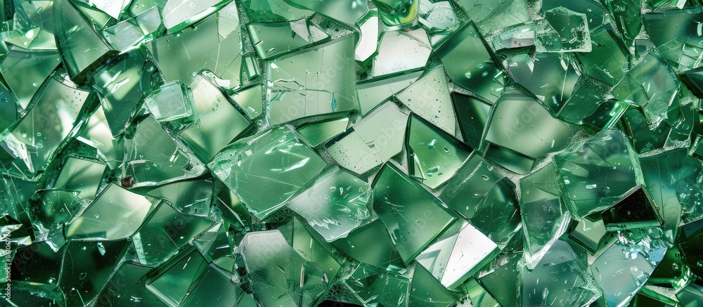 Poster Top view background many recycle pieces of broken glass in green. with copy space image. Place for adding text or design