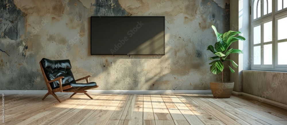 Leinwandbilder plasma tv on the wall of the room with wooden floor and empty chair. with copy space image. place fo