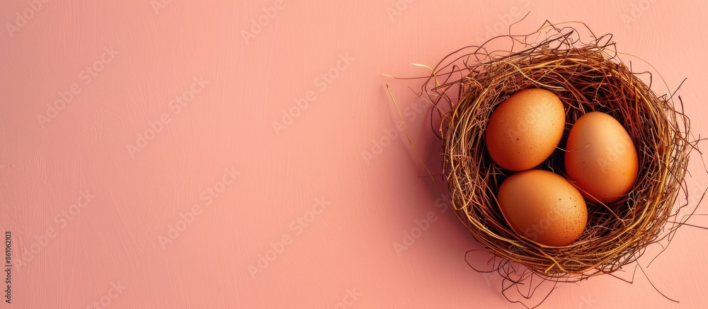 Fototapete Two brown chicken eggs in a nest on a pastel background. with copy space image. Place for adding text or design