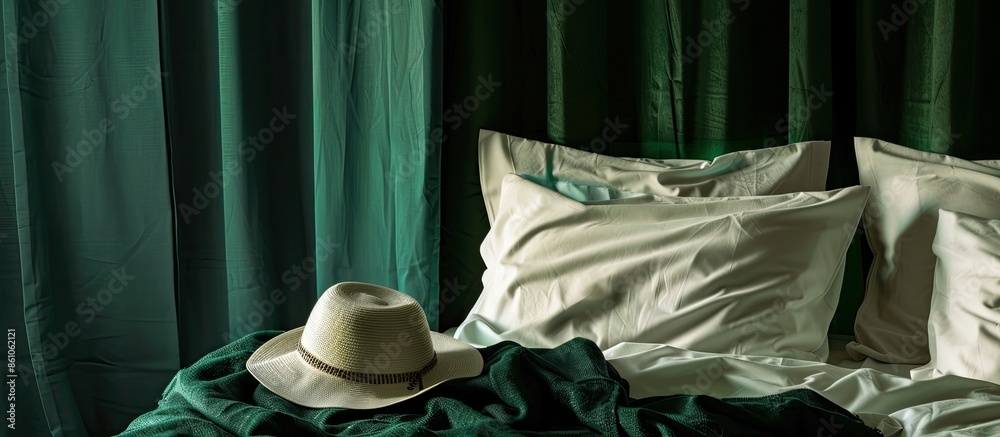 Poster hat on dark green blanket on king-size bed with pillows in bedroom interior with moss green curtain.
