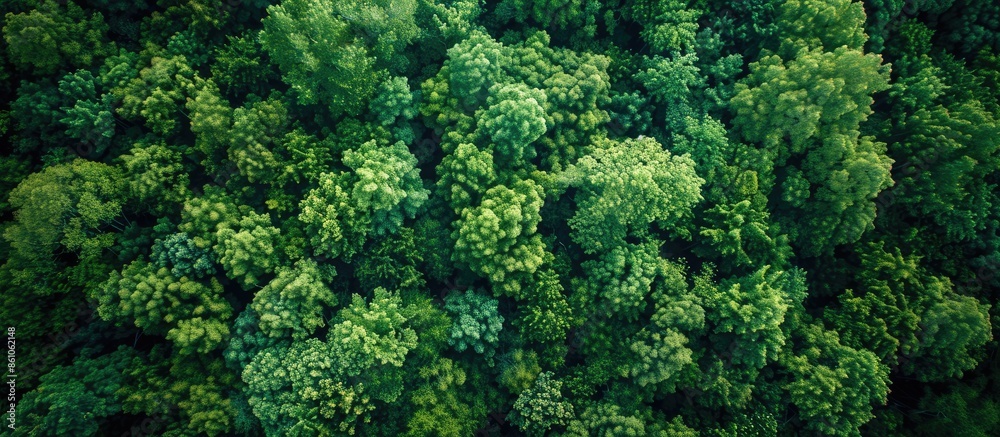 Poster aerial top down view of a green forest, drone view, natural green background. with copy space image. Place for adding text or design