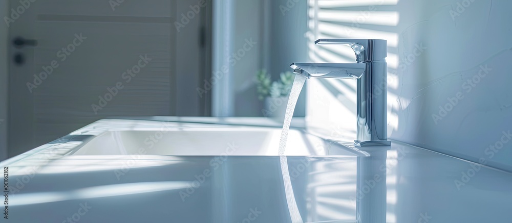 Poster Faucet with electric heater. White modern faucet with sink. with copy space image. Place for adding text or design