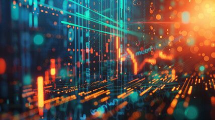 Obraz premium Colorful digital data visualization with glowing lines and dots in blue and orange tones, creating an energetic and futuristic abstract background ideal for tech and innovation concepts.