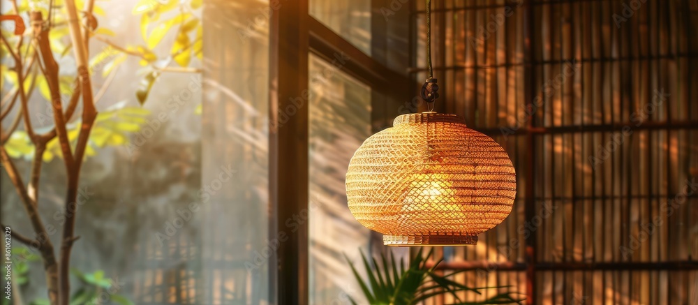 Poster asian wicker  hanging lamp. with copy space image. Place for adding text or design