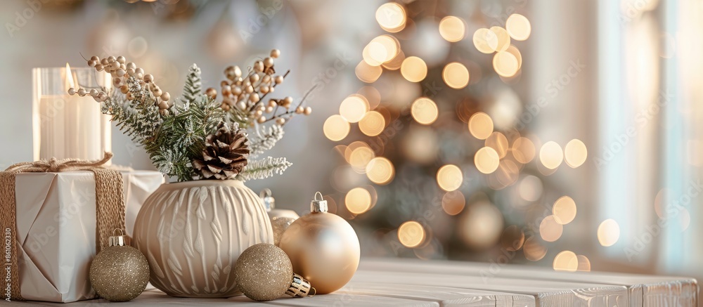 Aufkleber vase with tree branches, christmas balls and gift on table in living room. with copy space image. pl