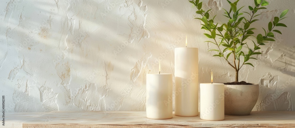Aufkleber white candles on stand with plant in pot on the table. with copy space image. place for adding text 