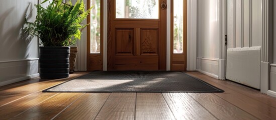 Black mat near wooden door in hallway. with copy space image. Place for adding text or design