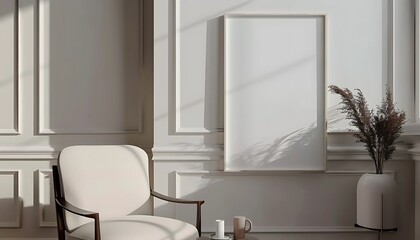 Modern Interior Design with White Armchair and Empty Frame