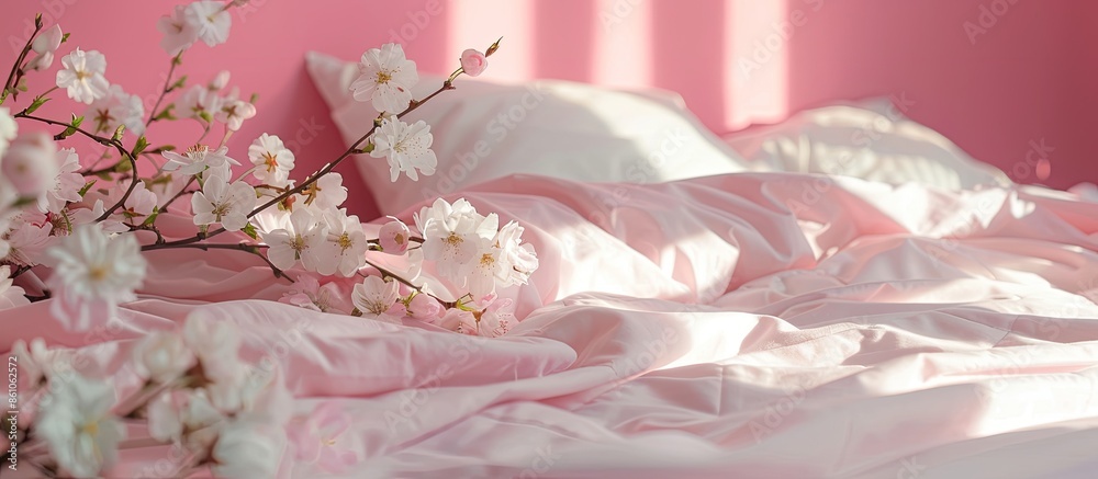 Aufkleber bed decorated with pink and white flowers sakura branches. with copy space image. place for adding t