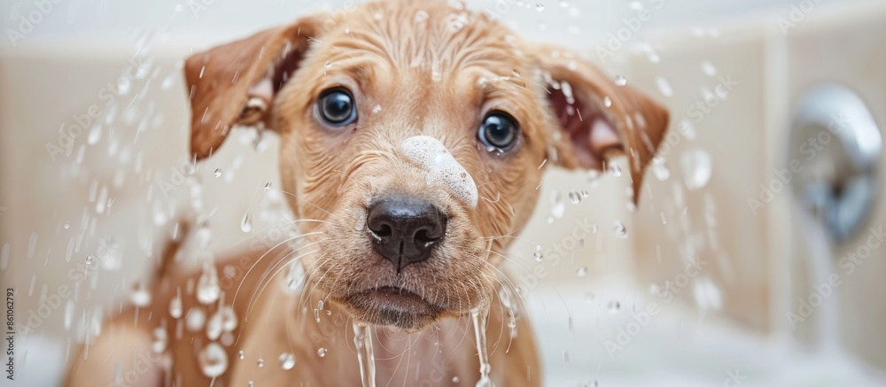 Aufkleber The puppy is taking a shower. with copy space image. Place for adding text or design