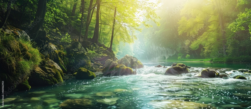 Poster spring forest nature landscape, beautiful spring stream, river rocks in mountain forest. copy space 