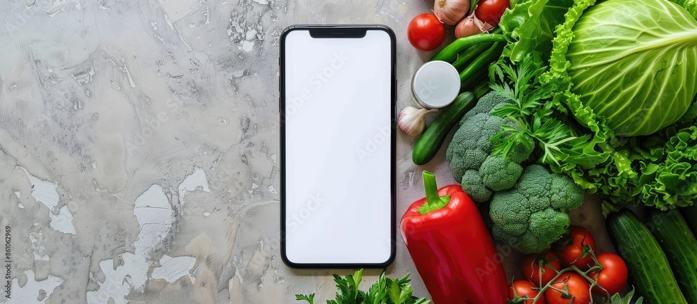 Aufkleber smartphone with blank screen and fresh groceries: online grocery shopping app. copy space image. pla